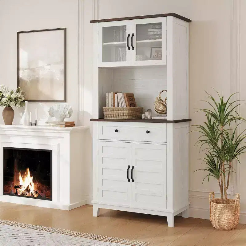 72 Meuble de cuisine et de bar avec support pour micro-ondes - Grande huche avec portes vitrées et tiroirs pour salon, salle à manger
