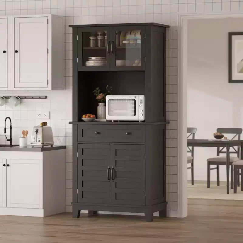 72 Meuble de cuisine et de bar avec support pour micro-ondes - Grande huche avec portes vitrées et tiroirs pour salon, salle à manger