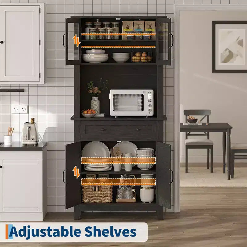 72 Meuble de cuisine et de bar avec support pour micro-ondes - Grande huche avec portes vitrées et tiroirs pour salon, salle à manger
