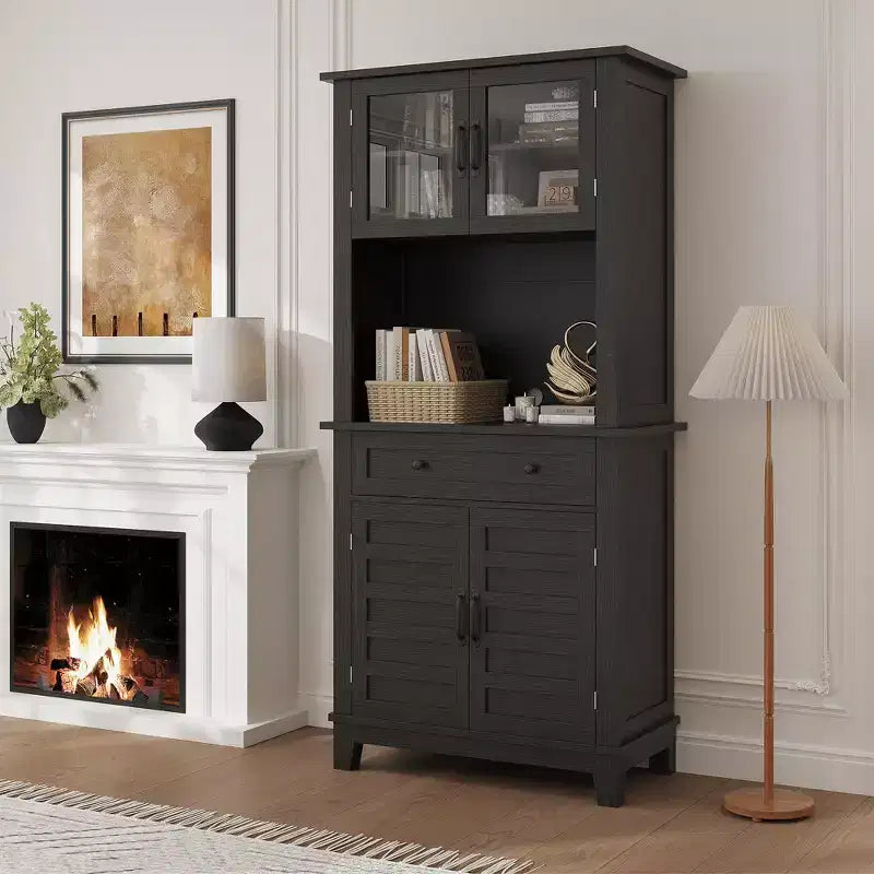 72 Kitchen Pantry & Bar Cabinet with Microwave Stand - Tall Hutch with Glass Doors & Drawers for Living Room,Dining Room