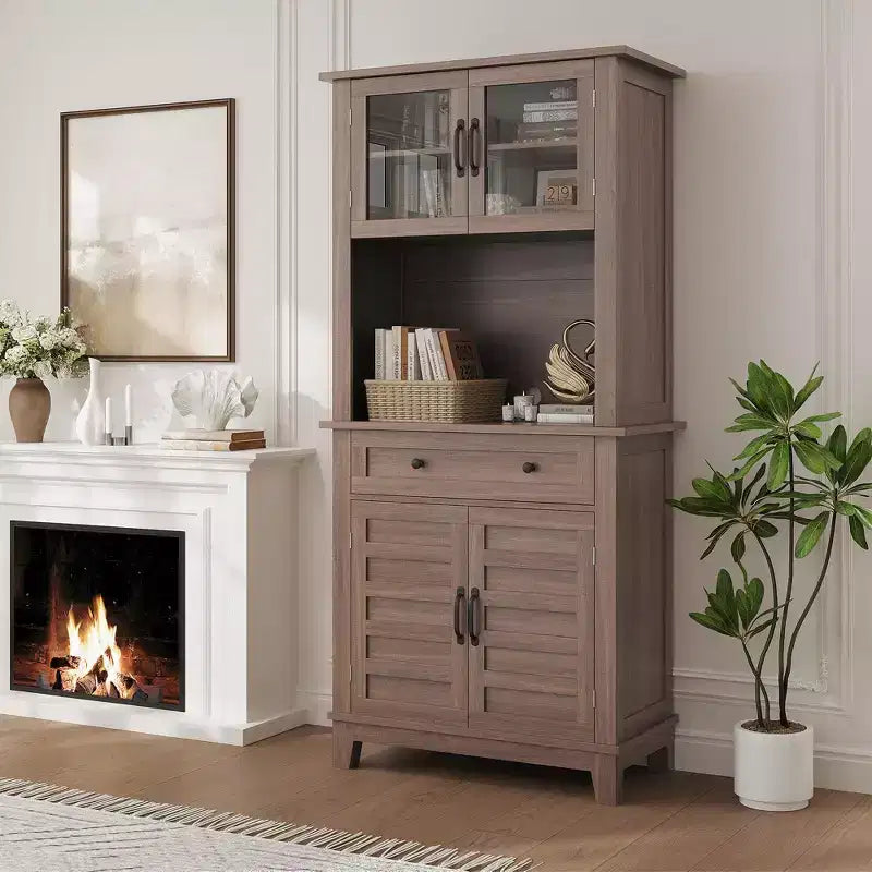 72 Meuble de cuisine et de bar avec support pour micro-ondes - Grande huche avec portes vitrées et tiroirs pour salon, salle à manger