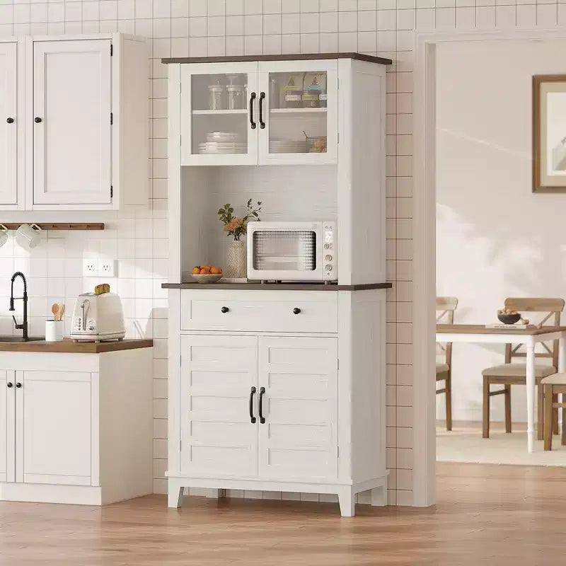 72 Meuble de cuisine et de bar avec support pour micro-ondes - Grande huche avec portes vitrées et tiroirs pour salon, salle à manger