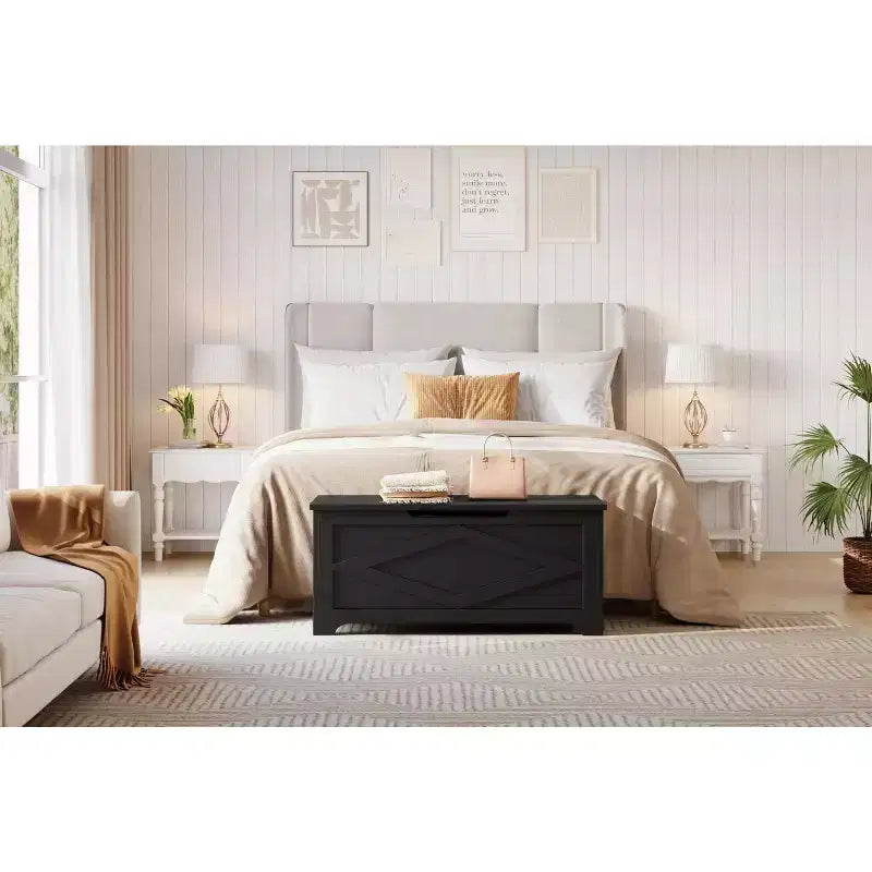 Coffre de rangement, Banc de rangement avec charnière de sécurité, Coffre en bois de style rustique pour entrée, chambre, salon