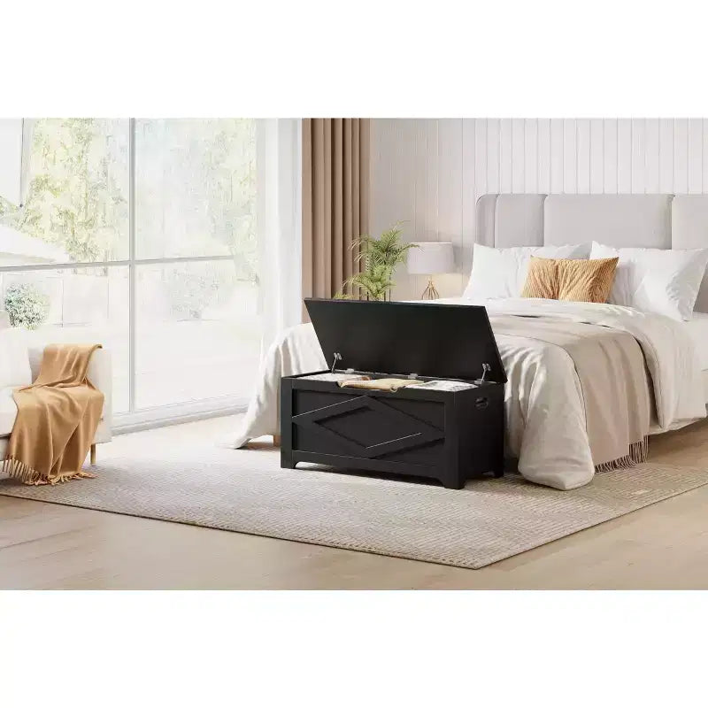 Coffre de rangement, Banc de rangement avec charnière de sécurité, Coffre en bois de style rustique pour entrée, chambre, salon