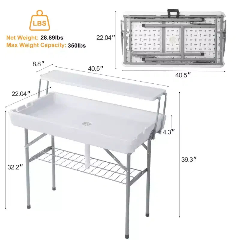 Table glacière pliante d'extérieur avec drain et étagère de rangement, table de service à glace portable avec jupe pour le camping, les pique-niques et les événements, blanche