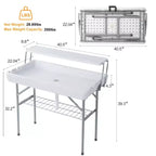 Table glacière pliante d'extérieur avec drain et étagère de rangement, table de service à glace portable avec jupe pour le camping, les pique-niques et les événements, blanche