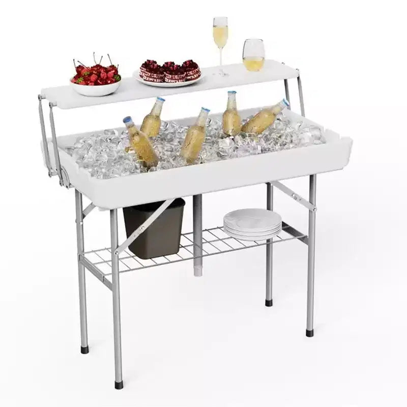 Table glacière pliante d'extérieur avec drain et étagère de rangement, table de service à glace portable avec jupe pour le camping, les pique-niques et les événements, blanche