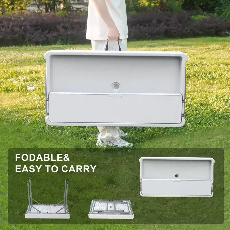 Table glacière pliante d'extérieur avec drain et étagère de rangement, table de service à glace portable avec jupe pour le camping, les pique-niques et les événements, blanche