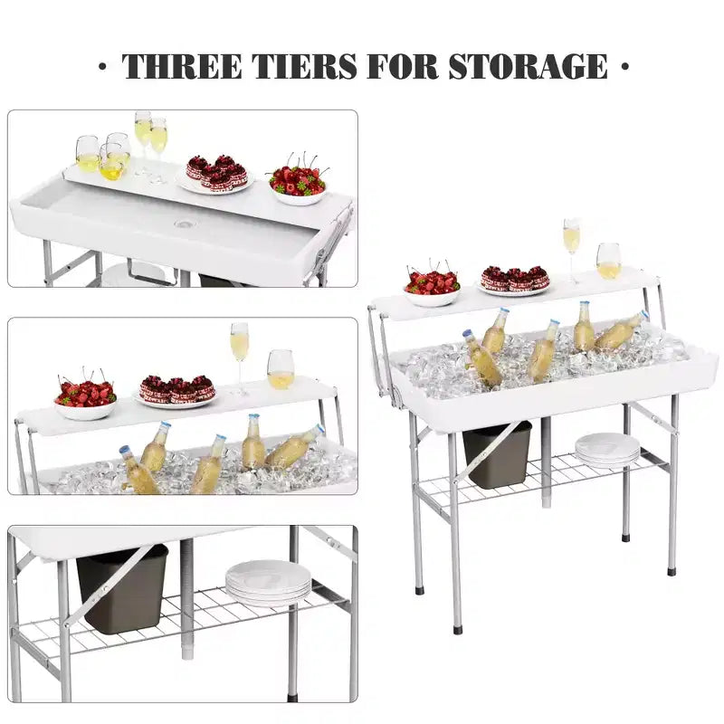 Table glacière pliante d'extérieur avec drain et étagère de rangement, table de service à glace portable avec jupe pour le camping, les pique-niques et les événements, blanche