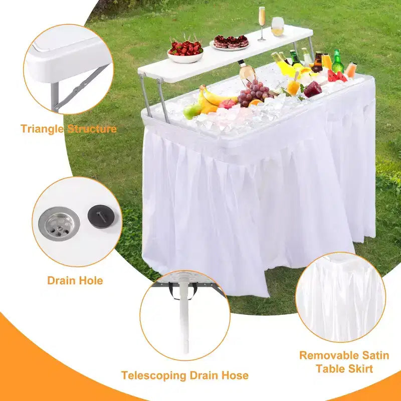 Table glacière pliante d'extérieur avec drain et étagère de rangement, table de service à glace portable avec jupe pour le camping, les pique-niques et les événements, blanche