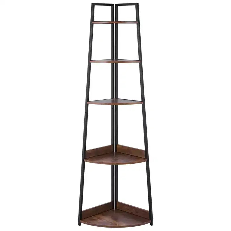 VIYET 70 5-Tier Industrial Corner Shelf - Metal Frame, Wooden Shelves,Rustic Brown