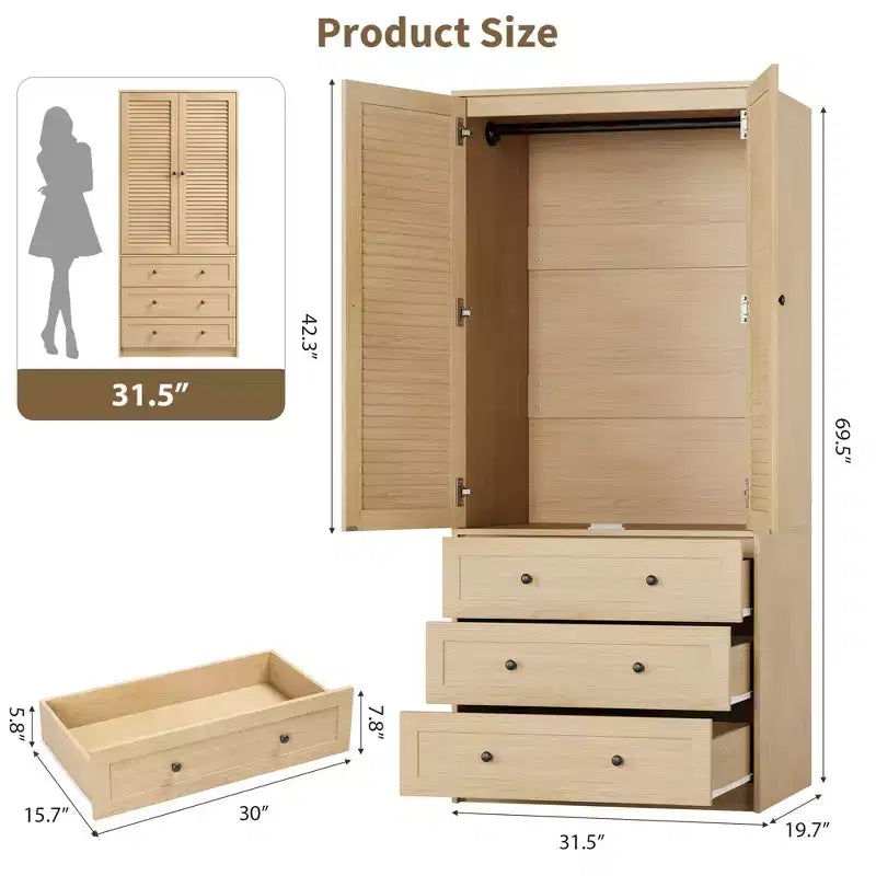 Armoire de rangement avec tiroirs, armoire en bois de 176,5 cm avec tringle de suspension, placard de rangement à 2 portes pour chambre à coucher