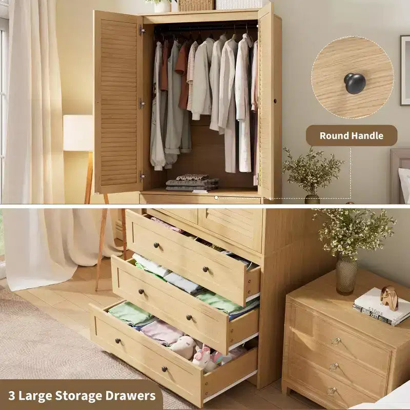 Armoire de rangement avec tiroirs, armoire en bois de 176,5 cm avec tringle de suspension, placard de rangement à 2 portes pour chambre à coucher