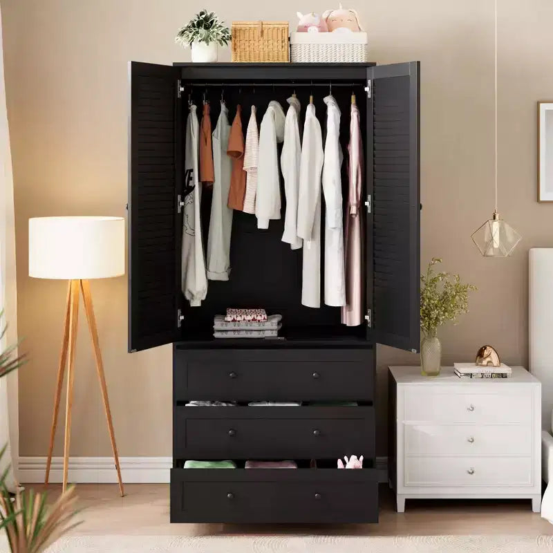 Armoire de rangement avec tiroirs, armoire en bois de 176,5 cm avec tringle de suspension, placard de rangement à 2 portes pour chambre à coucher