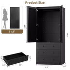 Armoire de rangement avec tiroirs, armoire en bois de 176,5 cm avec tringle de suspension, placard de rangement à 2 portes pour chambre à coucher