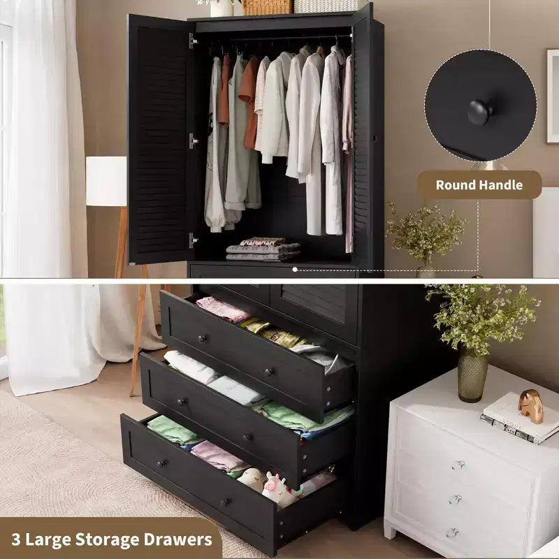 Armoire de rangement avec tiroirs, armoire en bois de 176,5 cm avec tringle de suspension, placard de rangement à 2 portes pour chambre à coucher