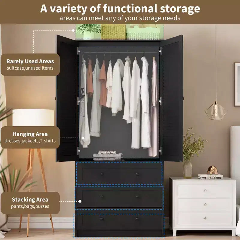 Armoire de rangement avec tiroirs, armoire en bois de 176,5 cm avec tringle de suspension, placard de rangement à 2 portes pour chambre à coucher
