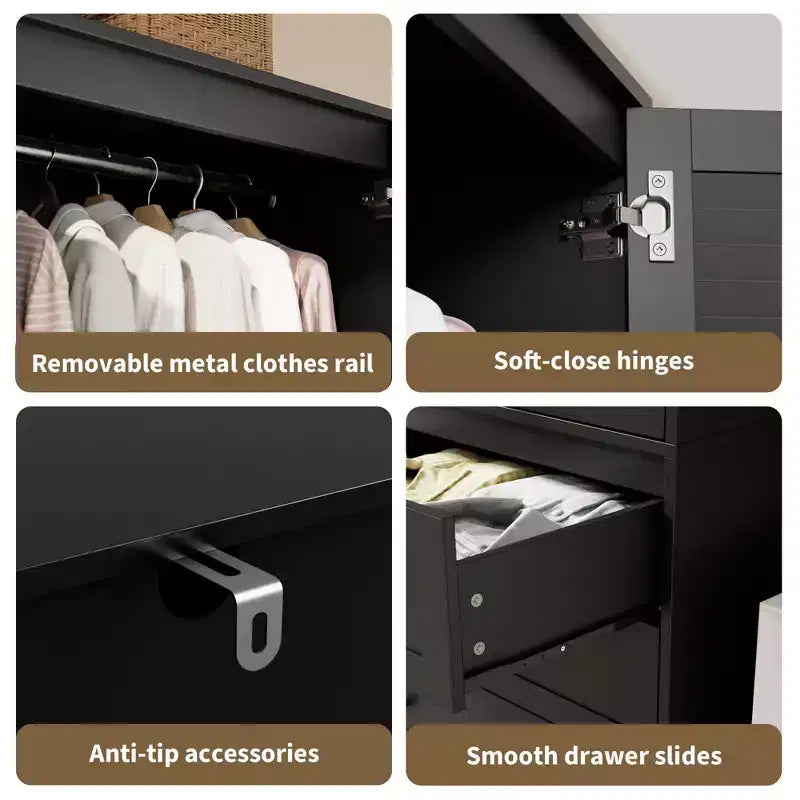 Armoire de rangement avec tiroirs, armoire en bois de 176,5 cm avec tringle de suspension, placard de rangement à 2 portes pour chambre à coucher