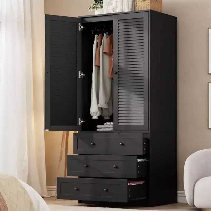 Armoire Wardrobe Closet with Drawers, 69.5 in Wooden Wardrobe Cabinet with Hanging Rod, 2 Doors Clothing Storage Cabinet for Bedroom