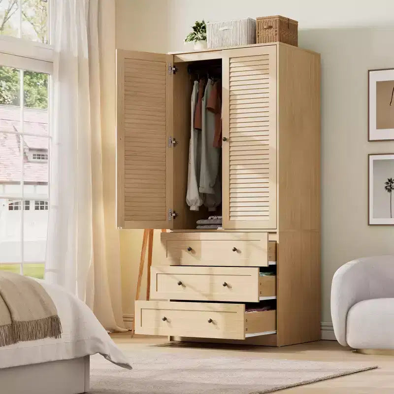 Armoire de rangement avec tiroirs, armoire en bois de 176,5 cm avec tringle de suspension, placard de rangement à 2 portes pour chambre à coucher