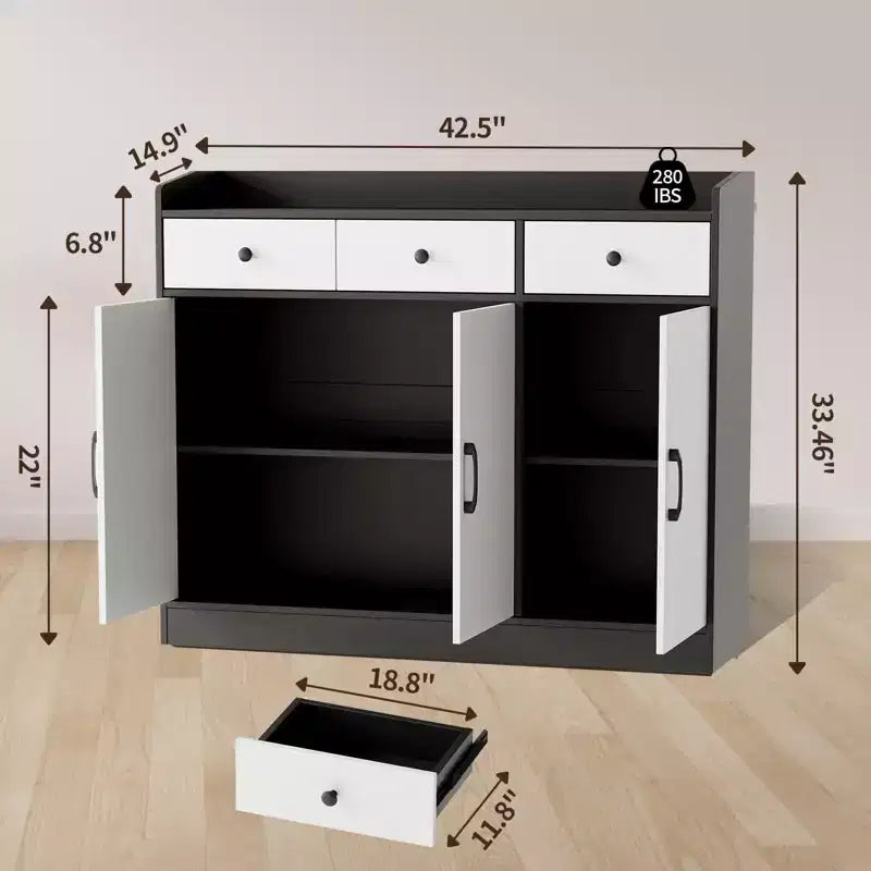 Buffet de 119,4 cm – Étagères réglables, Armoire en bois avec 3 tiroirs – Table de buffet moderne pour bar à café pour salon, entrée