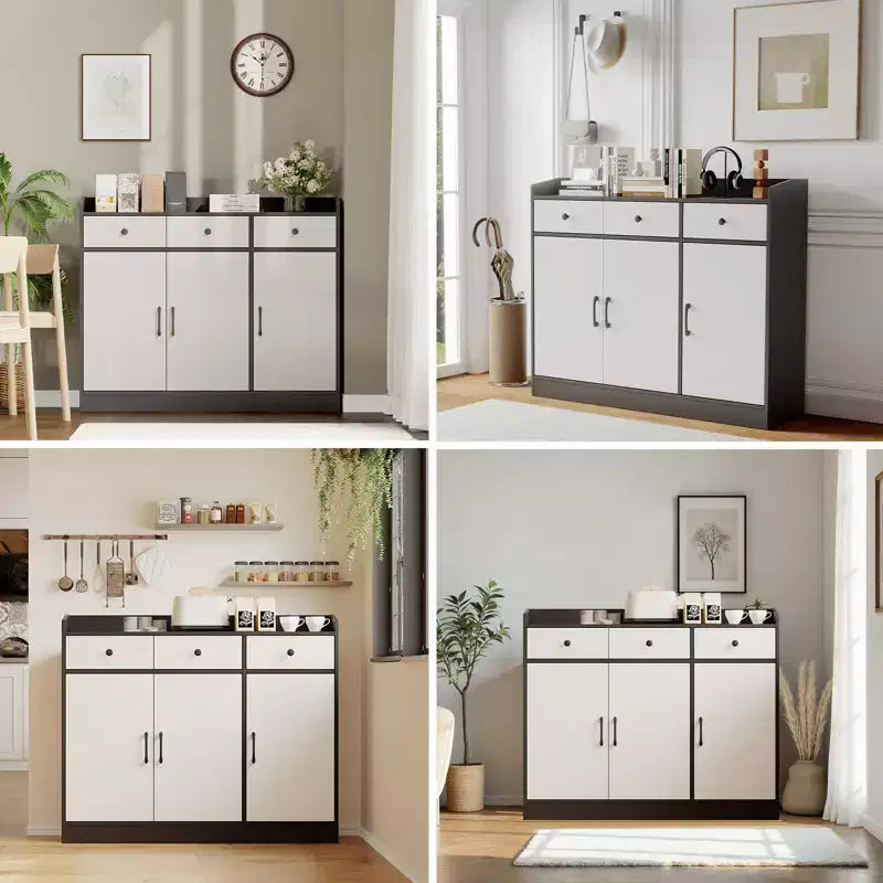 Buffet de 119,4 cm – Étagères réglables, Armoire en bois avec 3 tiroirs – Table de buffet moderne pour bar à café pour salon, entrée