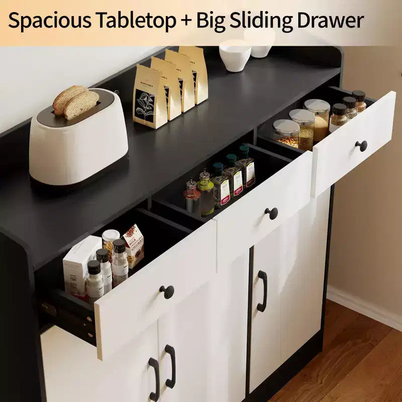 Buffet de 119,4 cm – Étagères réglables, Armoire en bois avec 3 tiroirs – Table de buffet moderne pour bar à café pour salon, entrée