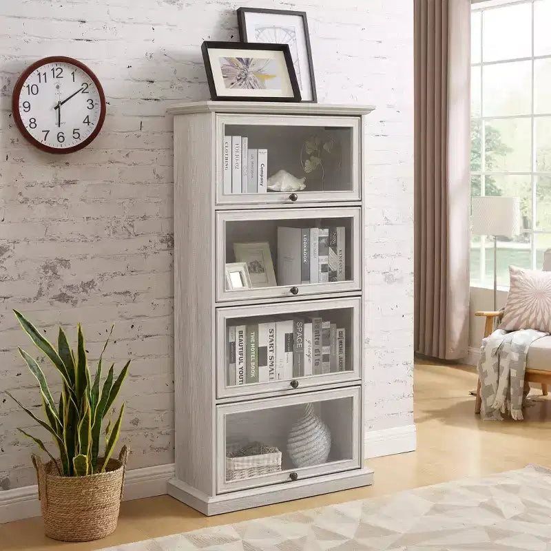 Vitrine en verre à 4 niveaux de 160 cm, meuble de collection en MDF blanc et verre trempé (portes relevables pour objets de collection/jouets/livres)