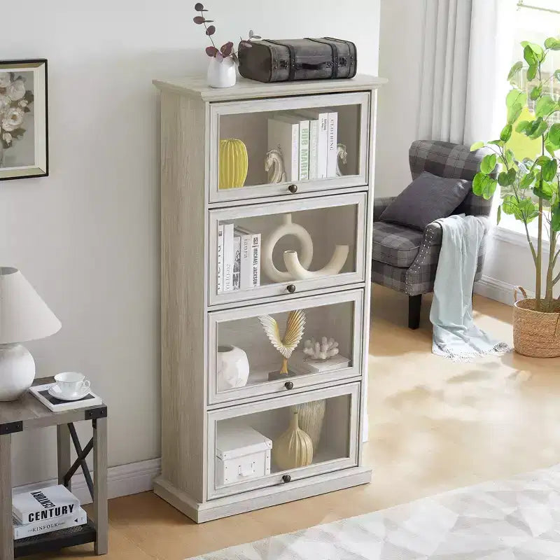 Vitrine en verre à 4 niveaux de 160 cm, meuble de collection en MDF blanc et verre trempé (portes relevables pour objets de collection/jouets/livres)