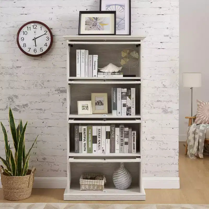 Vitrine en verre à 4 niveaux de 160 cm, meuble de collection en MDF blanc et verre trempé (portes relevables pour objets de collection/jouets/livres)