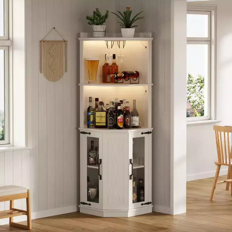 Corner Bar Cabinet with Glass Rack, 67 Tall Farmhouse Wine Cabinet with Power Outlet, Wooden Liquor Display Cabinet for Dining Room Kitchen