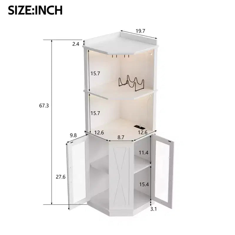 Meuble Bar d'Angle avec Porte-Verres, Armoire à Vin de Ferme Haute de 170 cm avec Prise Électrique, Meuble Présentoir à Liqueurs en Bois pour Salle à Manger et Cuisine