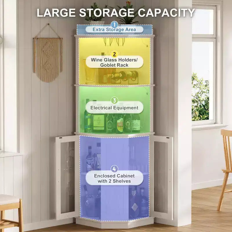 Meuble Bar d'Angle avec Porte-Verres, Armoire à Vin de Ferme Haute de 170 cm avec Prise Électrique, Meuble Présentoir à Liqueurs en Bois pour Salle à Manger et Cuisine