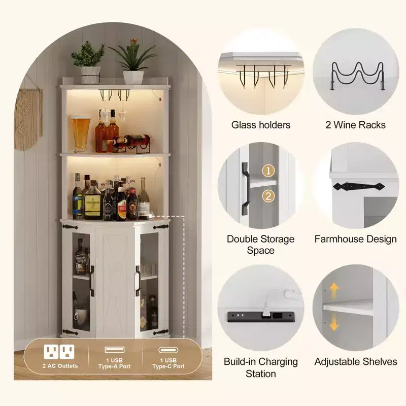 Meuble Bar d'Angle avec Porte-Verres, Armoire à Vin de Ferme Haute de 170 cm avec Prise Électrique, Meuble Présentoir à Liqueurs en Bois pour Salle à Manger et Cuisine