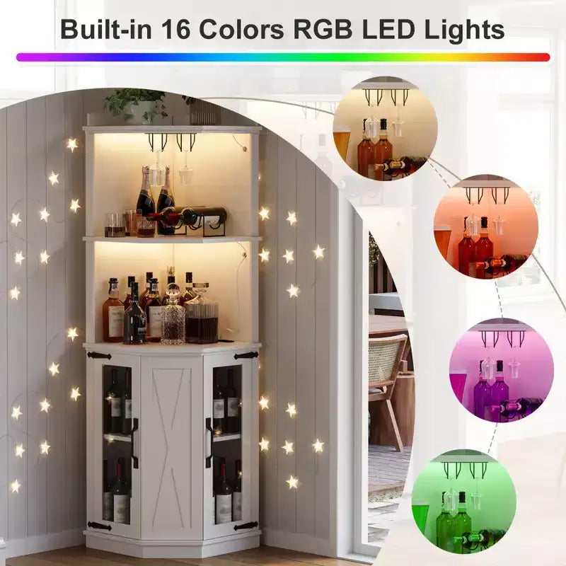 Meuble Bar d'Angle avec Porte-Verres, Armoire à Vin de Ferme Haute de 170 cm avec Prise Électrique, Meuble Présentoir à Liqueurs en Bois pour Salle à Manger et Cuisine