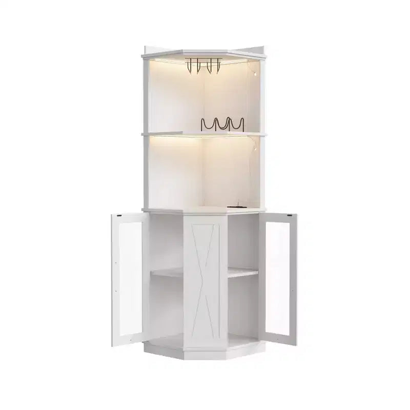 Meuble Bar d'Angle avec Porte-Verres, Armoire à Vin de Ferme Haute de 170 cm avec Prise Électrique, Meuble Présentoir à Liqueurs en Bois pour Salle à Manger et Cuisine