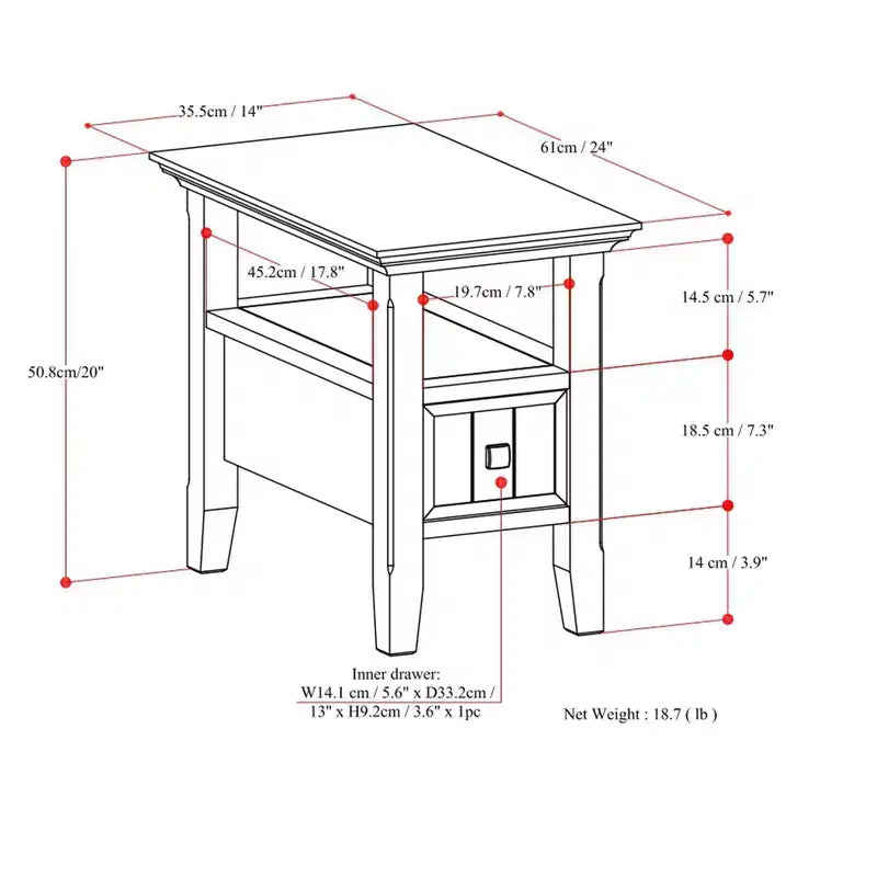 Table d'appoint étroite de style transitionnel en bois massif de 14 pouces de large avec tiroir