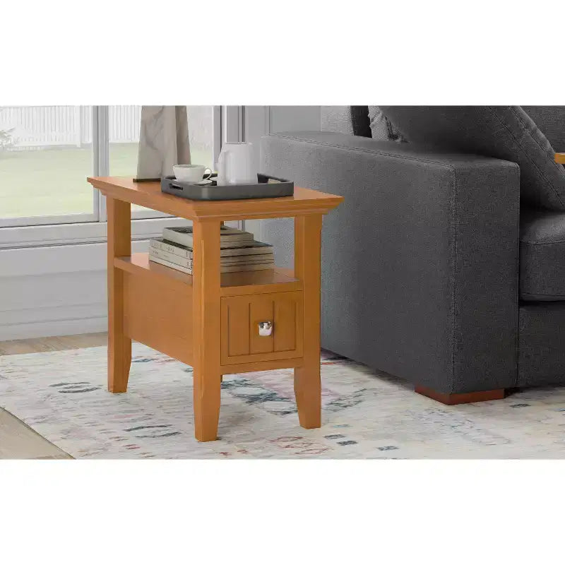 Table d'appoint étroite de style transitionnel en bois massif de 14 pouces de large avec tiroir