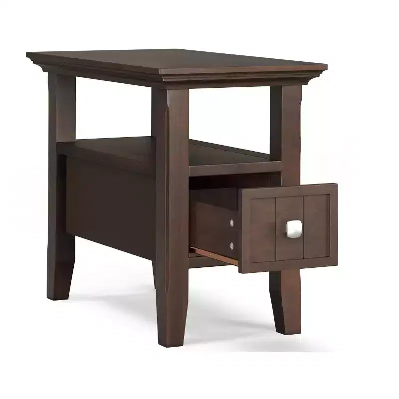 Table d'appoint étroite de style transitionnel en bois massif de 14 pouces de large avec tiroir
