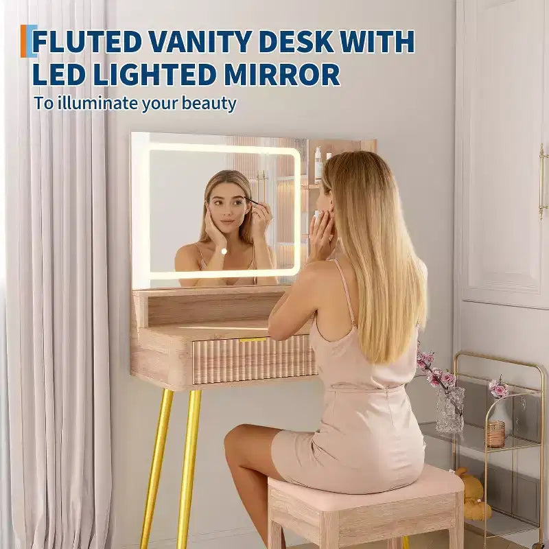 Coiffeuse LED 31,5" avec miroir et éclairage 3 couleurs - Table de maquillage avec prise de courant et 2 tiroirs pour chambre à coucher