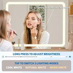Coiffeuse LED 31,5" avec miroir et éclairage 3 couleurs - Table de maquillage avec prise de courant et 2 tiroirs pour chambre à coucher