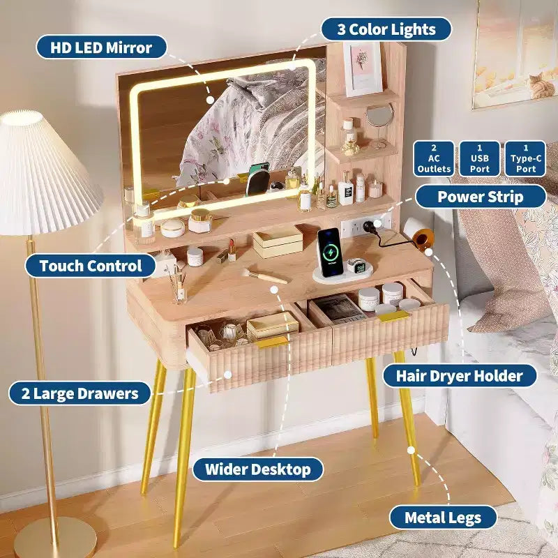 Coiffeuse LED 31,5" avec miroir et éclairage 3 couleurs - Table de maquillage avec prise de courant et 2 tiroirs pour chambre à coucher