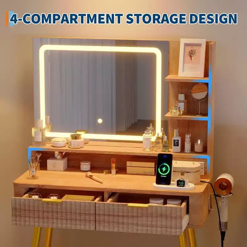 Coiffeuse LED 31,5" avec miroir et éclairage 3 couleurs - Table de maquillage avec prise de courant et 2 tiroirs pour chambre à coucher