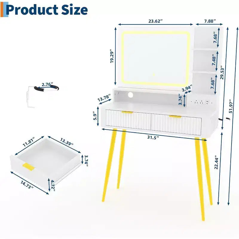Coiffeuse LED 31,5" avec miroir et éclairage 3 couleurs - Table de maquillage avec prise de courant et 2 tiroirs pour chambre à coucher