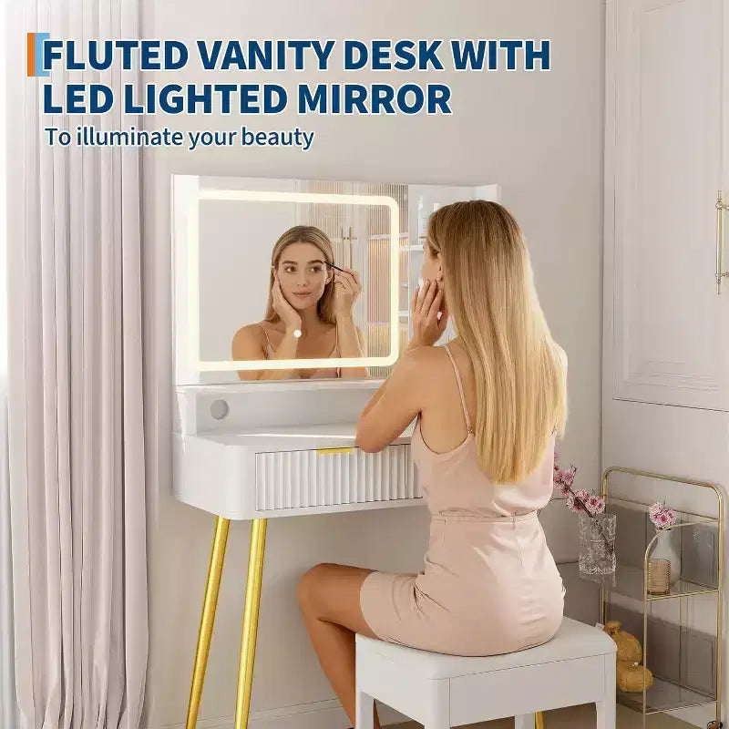 Coiffeuse LED 31,5" avec miroir et éclairage 3 couleurs - Table de maquillage avec prise de courant et 2 tiroirs pour chambre à coucher