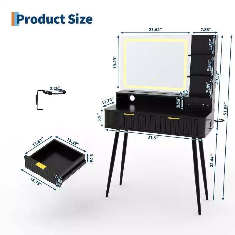 Coiffeuse LED 31,5" avec miroir et éclairage 3 couleurs - Table de maquillage avec prise de courant et 2 tiroirs pour chambre à coucher