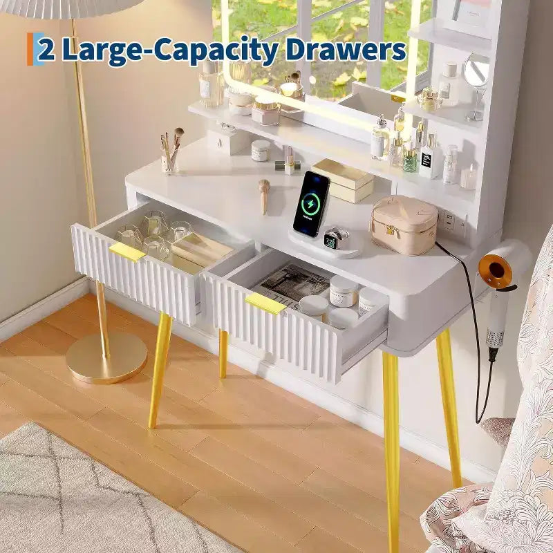 Coiffeuse LED 31,5" avec miroir et éclairage 3 couleurs - Table de maquillage avec prise de courant et 2 tiroirs pour chambre à coucher