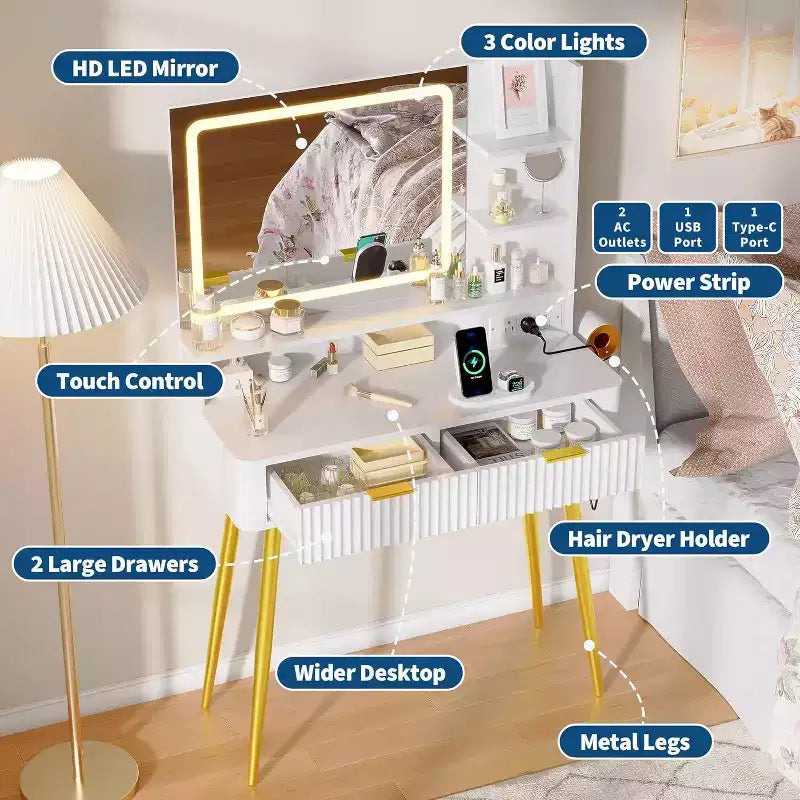 Coiffeuse LED 31,5" avec miroir et éclairage 3 couleurs - Table de maquillage avec prise de courant et 2 tiroirs pour chambre à coucher