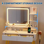 Coiffeuse LED 31,5" avec miroir et éclairage 3 couleurs - Table de maquillage avec prise de courant et 2 tiroirs pour chambre à coucher
