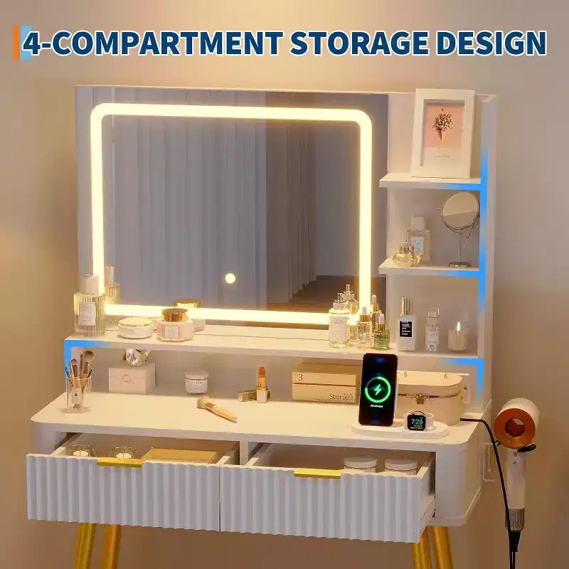 Coiffeuse LED 31,5" avec miroir et éclairage 3 couleurs - Table de maquillage avec prise de courant et 2 tiroirs pour chambre à coucher